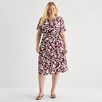 Isabel & Nina Womens Plus Midi Notch Neck Short Sleeve Flutter Abstract Fit + Flare Dress