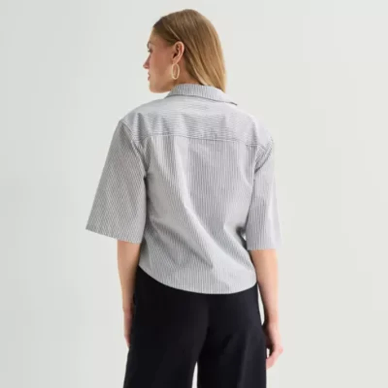 Worthington Womens Short Sleeve Regular Fit Poplin Button-Down Shirt