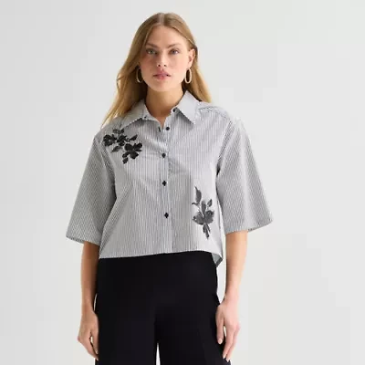 Worthington Womens Short Sleeve Regular Fit Poplin Button-Down Shirt