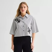 Worthington Womens Short Sleeve Regular Fit Poplin Button-Down Shirt
