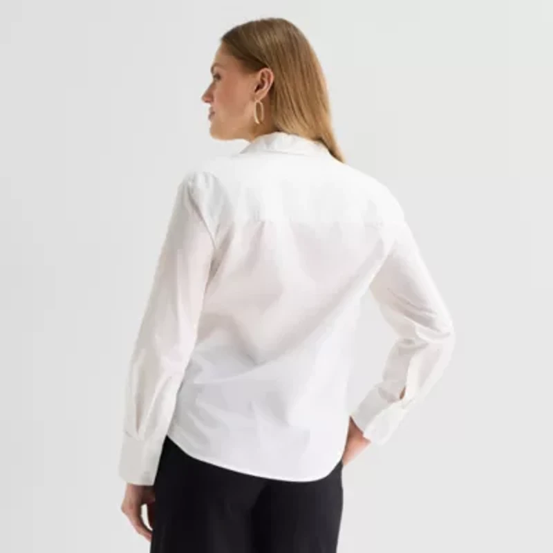 Worthington Womens Cuffed Long Sleeve Oversized Poplin Button-Down Shirt