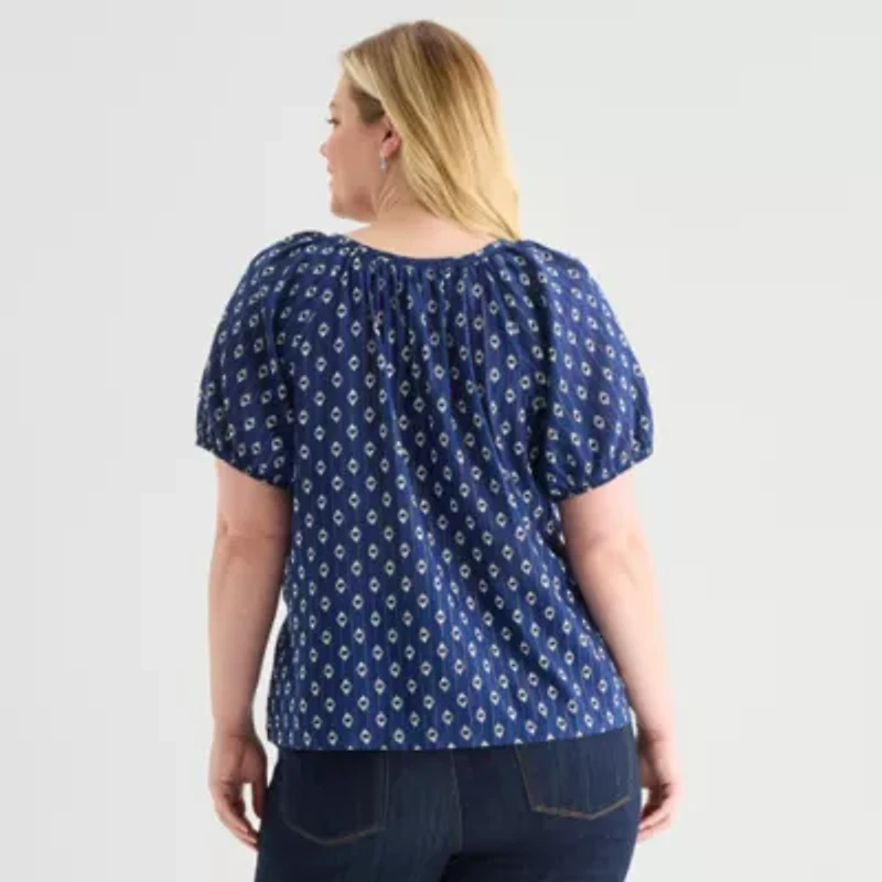 St. John's Bay Womens Plus Round Neck Short Sleeve Regular Fit Button-Down Shirt