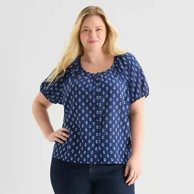 St. John's Bay Womens Plus Round Neck Short Sleeve Regular Fit Button-Down Shirt