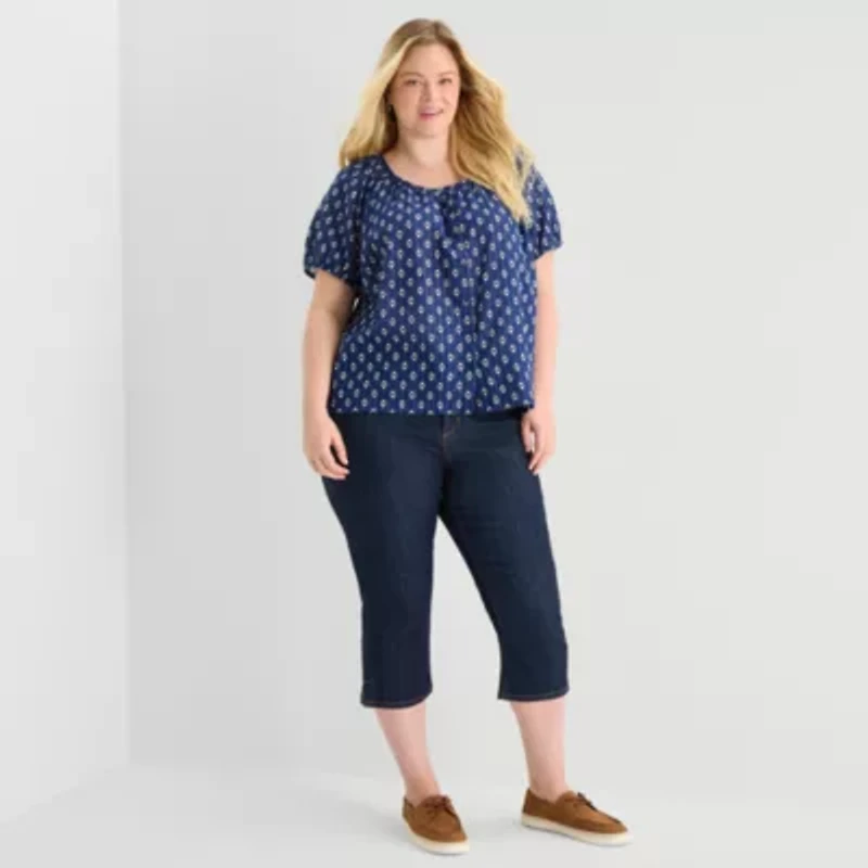 St. John's Bay Womens Plus Round Neck Short Sleeve Regular Fit Button-Down Shirt