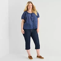 St. John's Bay Womens Plus Round Neck Short Sleeve Regular Fit Button-Down Shirt
