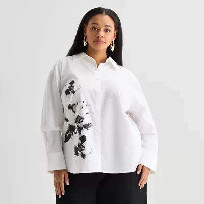 Worthington Plus Womens Embellished Button Front Shirt