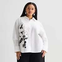 Worthington Plus Womens Embellished Button Front Shirt