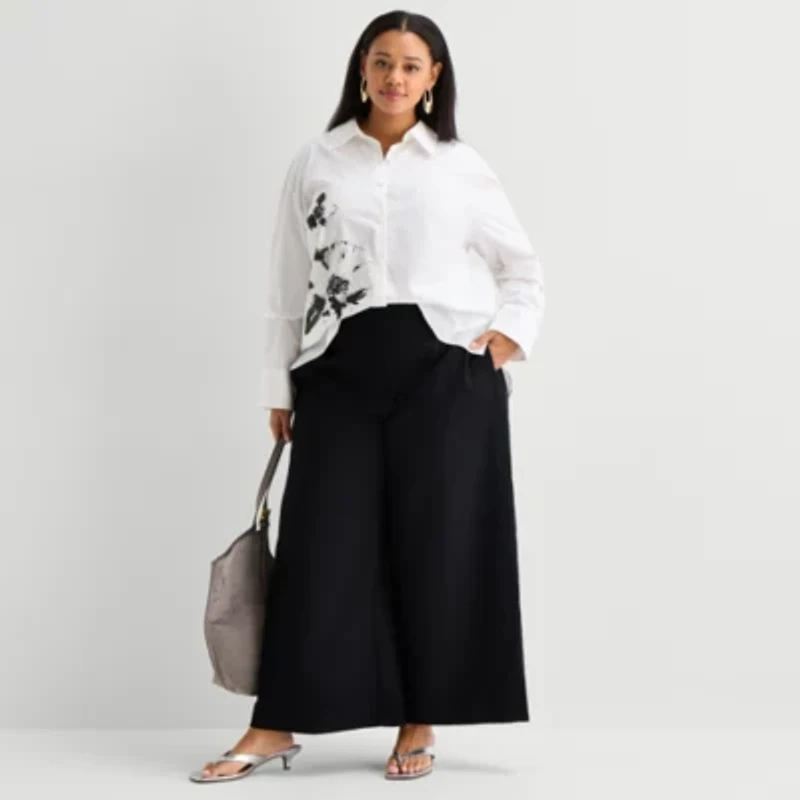 Worthington Plus Womens Embellished Button Front Shirt