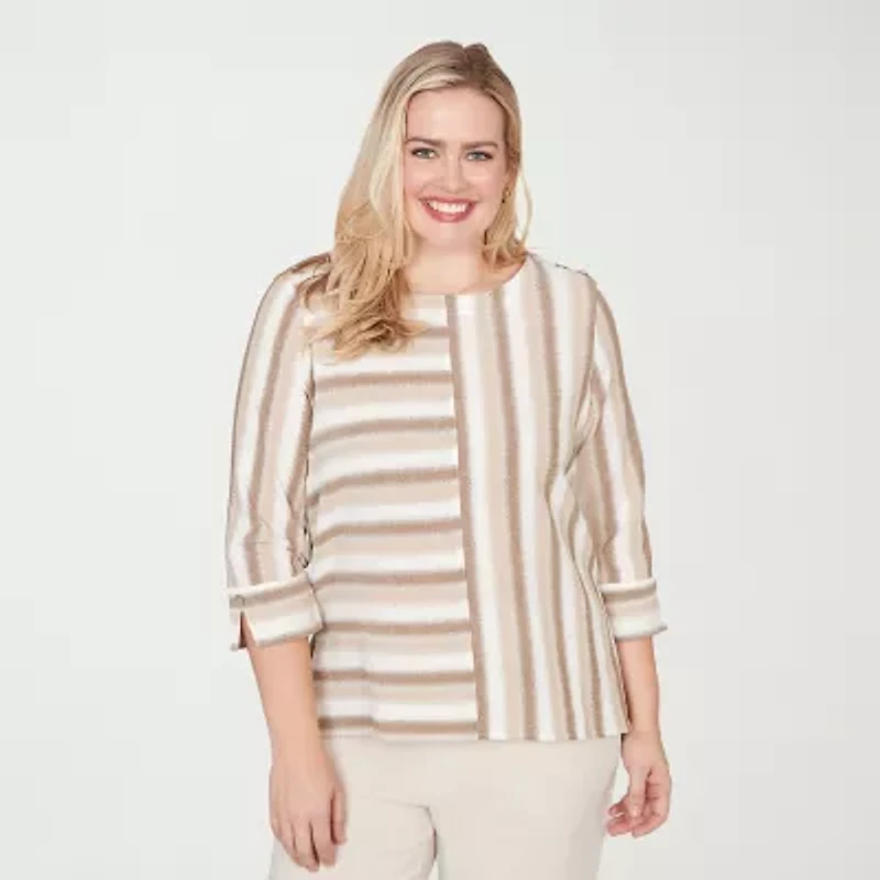 Alfred Dunner Natural Wonder Womens Crew Neck 3/4 Sleeve Blouse