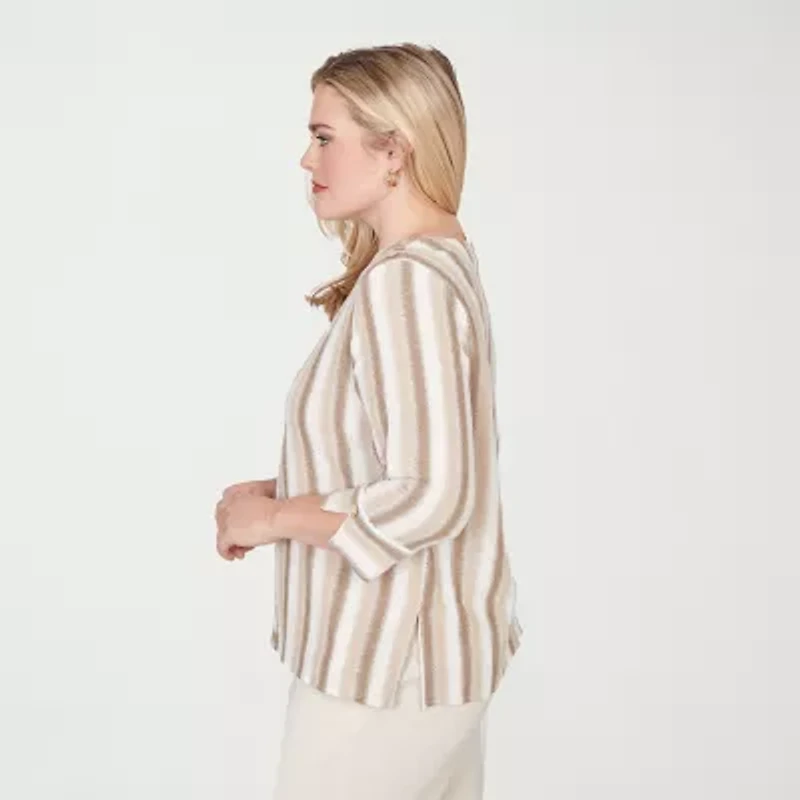 Alfred Dunner Natural Wonder Womens Crew Neck 3/4 Sleeve Blouse