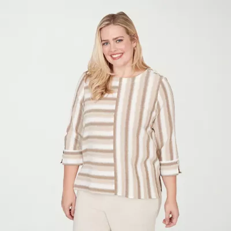 Alfred Dunner Natural Wonder Womens Crew Neck 3/4 Sleeve Blouse