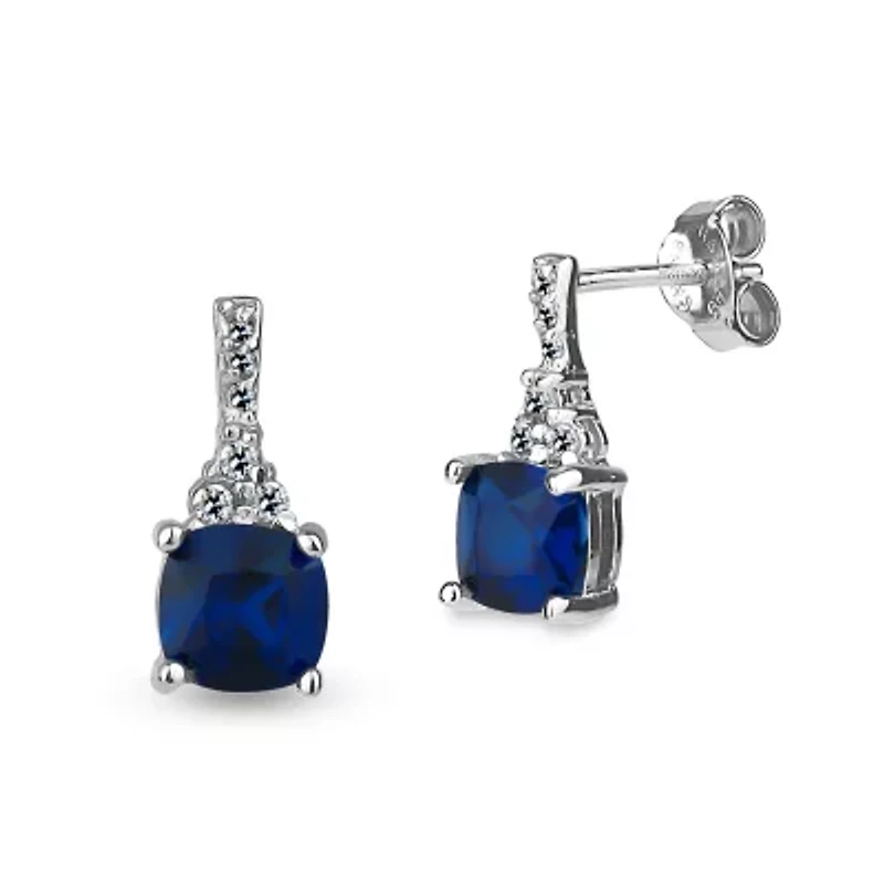 Womens Lab Created Blue Sapphire Sterling Silver Cushion Drop Earrings