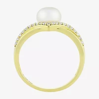 Womens 7MM White Cultured Freshwater Pearl 14K Gold Over Silver Round Cocktail Ring