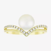 Womens 7MM White Cultured Freshwater Pearl 14K Gold Over Silver Round Cocktail Ring