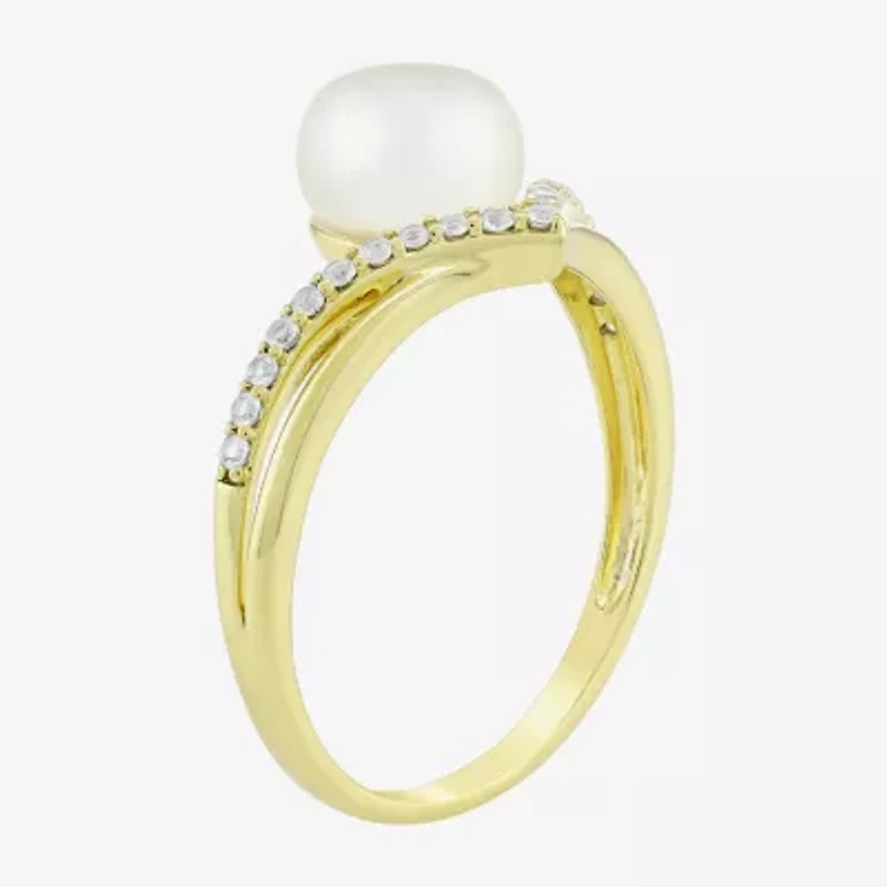 Womens 7MM White Cultured Freshwater Pearl 14K Gold Over Silver Round Cocktail Ring