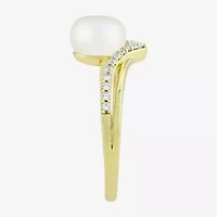 Womens 7MM White Cultured Freshwater Pearl 14K Gold Over Silver Round Cocktail Ring