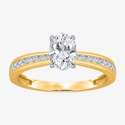 I / Si2) Womens CT. T.W. Lab Grown White Diamond 14K Gold Over Silver Oval Side Stone Engagement Ring