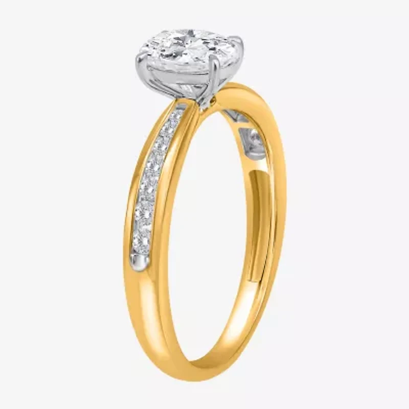 I / Si2) Womens CT. T.W. Lab Grown White Diamond 14K Gold Over Silver Oval Side Stone Engagement Ring