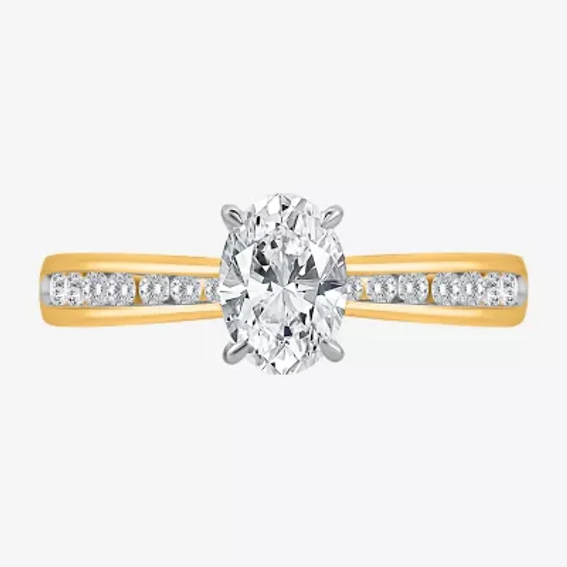 I / Si2) Womens CT. T.W. Lab Grown White Diamond 14K Gold Over Silver Oval Side Stone Engagement Ring