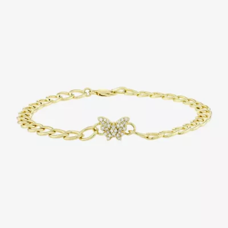 (H-I / Si1) Womens 14K Gold Over Silver 7.25 Inch Solid Link Butterfly Chain Bracelet
