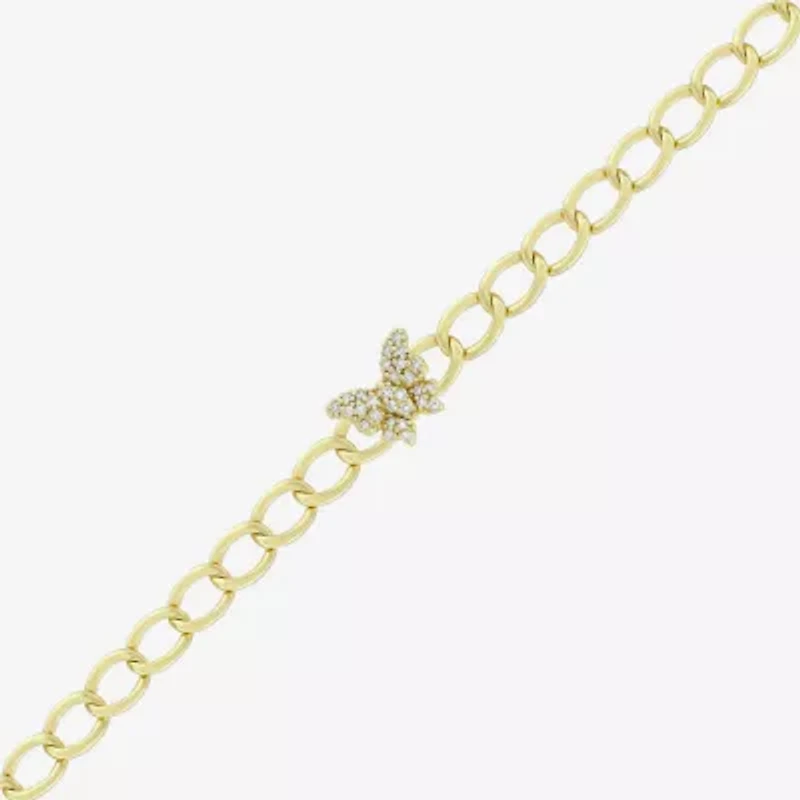 (H-I / Si1) Womens 14K Gold Over Silver 7.25 Inch Solid Link Butterfly Chain Bracelet