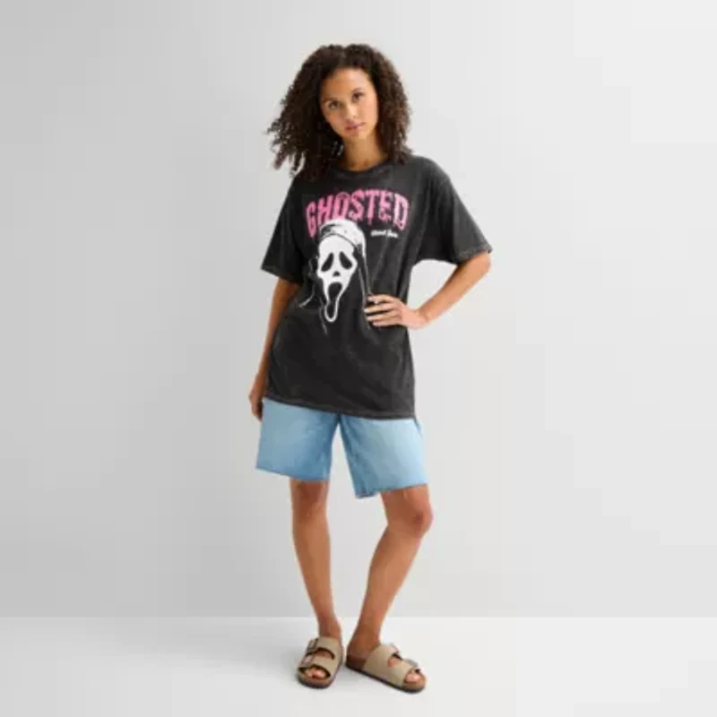 Ghostface Womens Juniors Crew Neck Short Sleeve Oversized Graphic T-Shirt