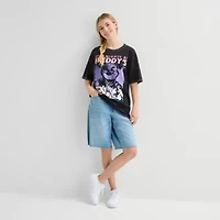 Womens Juniors Crew Neck Elbow Sleeve Oversized Five Nights at Freddys Graphic T-Shirt