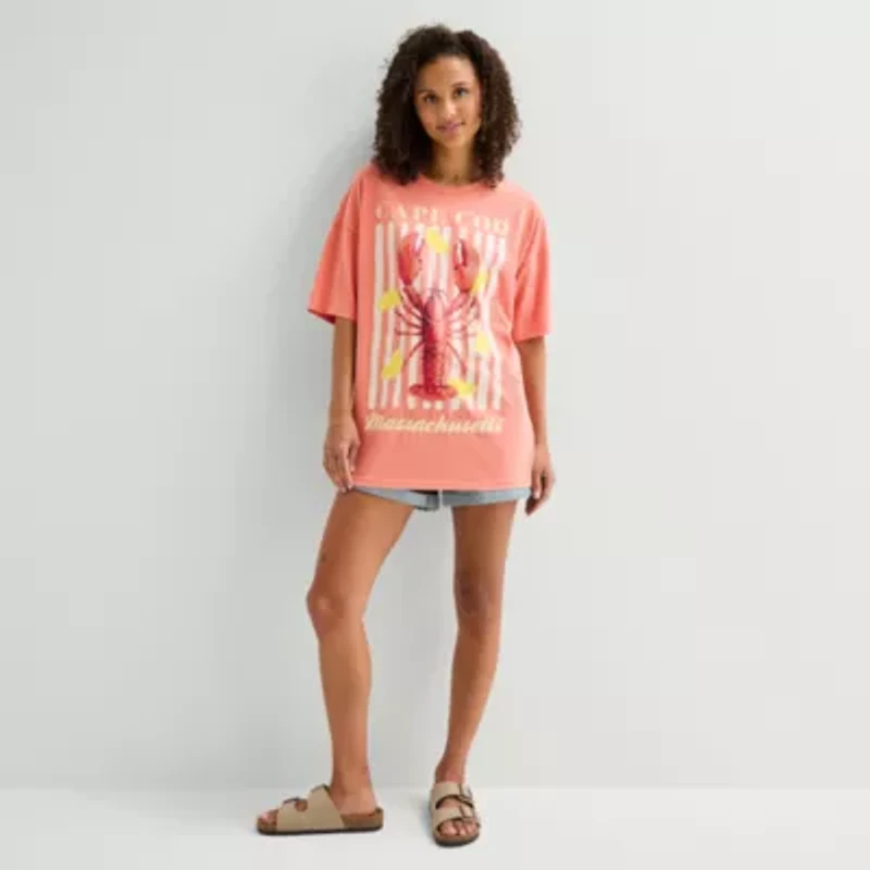 Arizona Womens Juniors Round Neck Short Sleeve Oversized Graphic T-Shirt