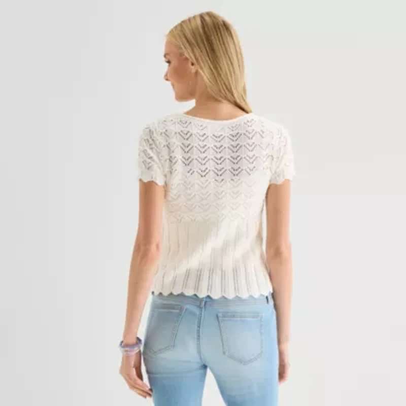 Arizona Womens Juniors Scoop Neck Short Sleeve Button Cardigan