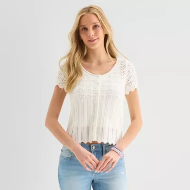 Arizona Womens Juniors Scoop Neck Short Sleeve Button Cardigan