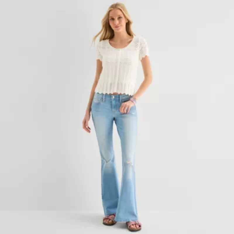 Arizona Womens Juniors Scoop Neck Short Sleeve Button Cardigan