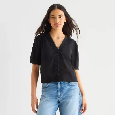 a.n.a Womens V Neck Short Sleeve Lace Blouse