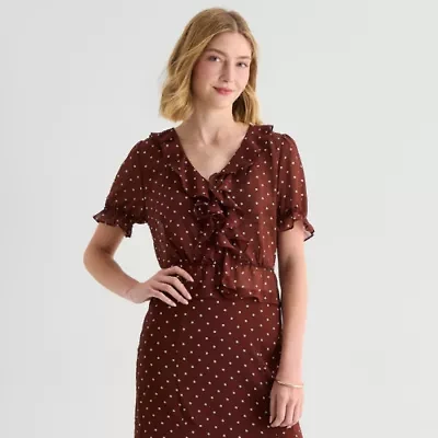 a.n.a Sheer Womens V Neck Short Sleeve Blouse