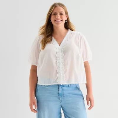 a.n.a Womens Plus V Neck Short Sleeve Blouse