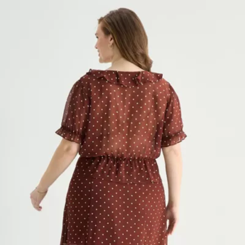 a.n.a Sheer Womens Plus V Neck Short Sleeve Blouse