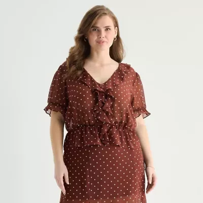 a.n.a Sheer Womens Plus V Neck Short Sleeve Blouse