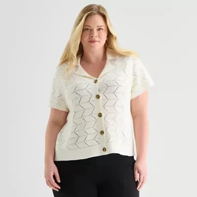 Liz Claiborne Womens V Neck Short Sleeve Button Plus Cardigan