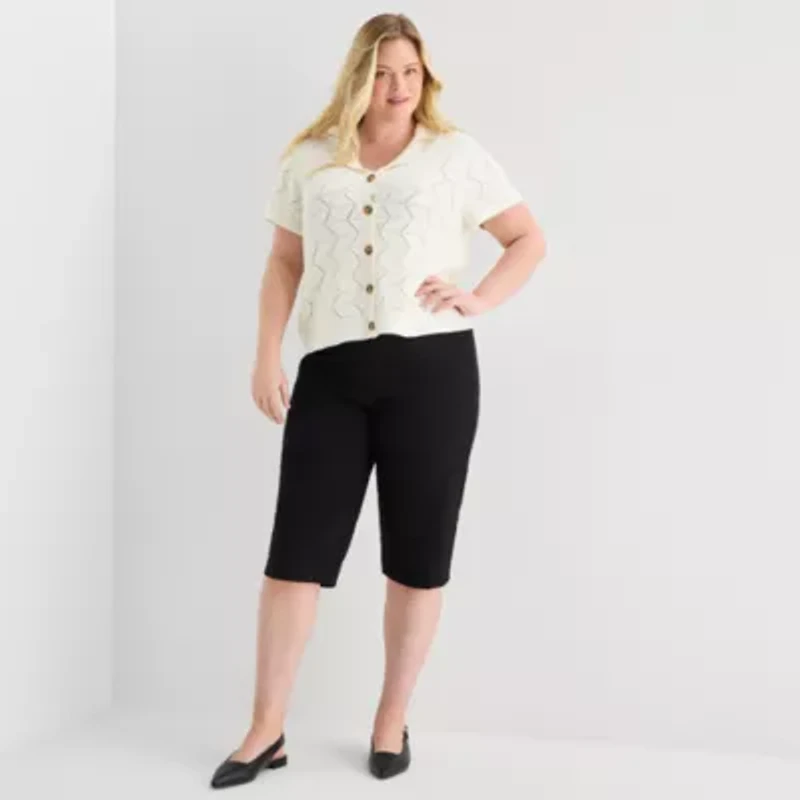 Liz Claiborne Womens V Neck Short Sleeve Button Plus Cardigan