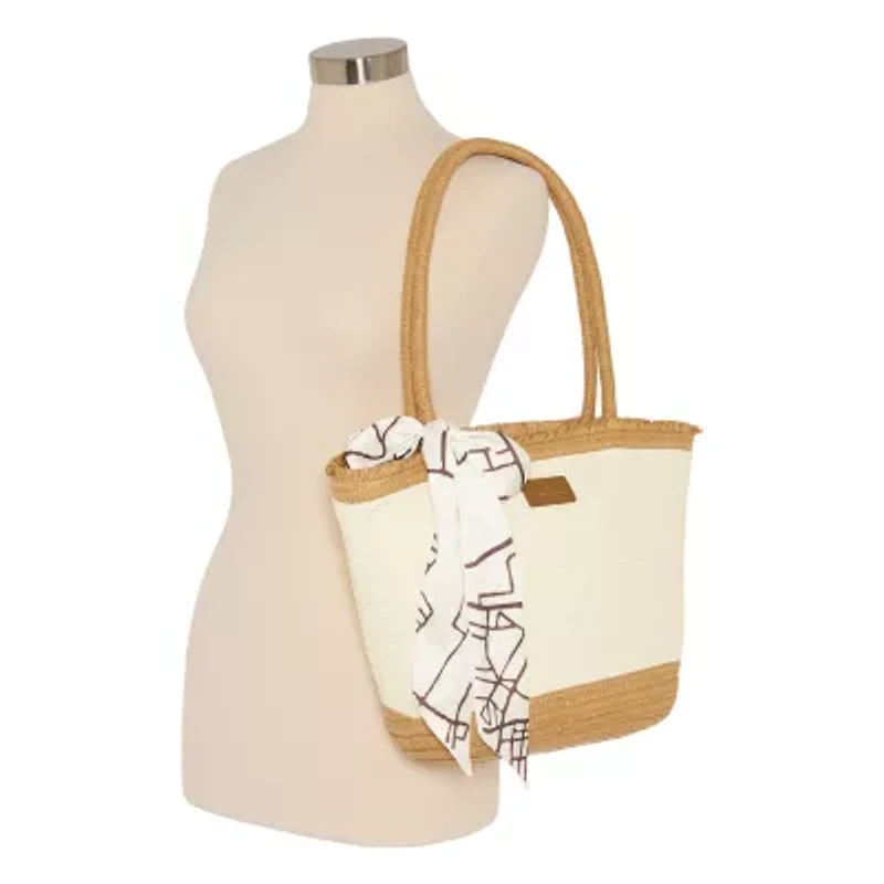 London Fog Top Ruffel Straw Tote Bag