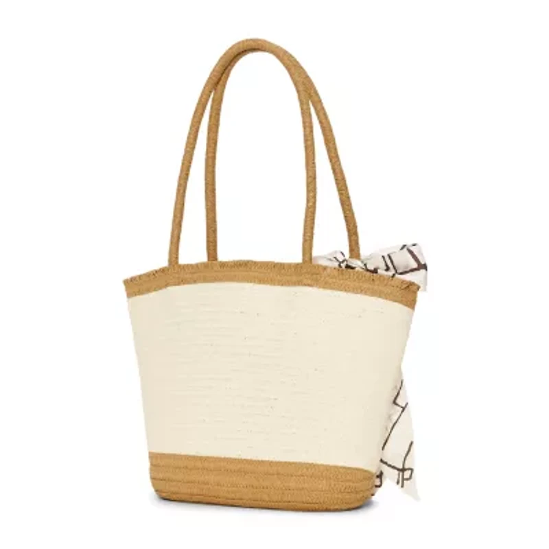 London Fog Top Ruffel Straw Tote Bag