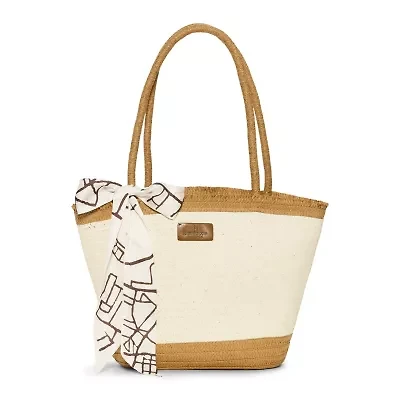 London Fog Top Ruffel Straw Tote Bag