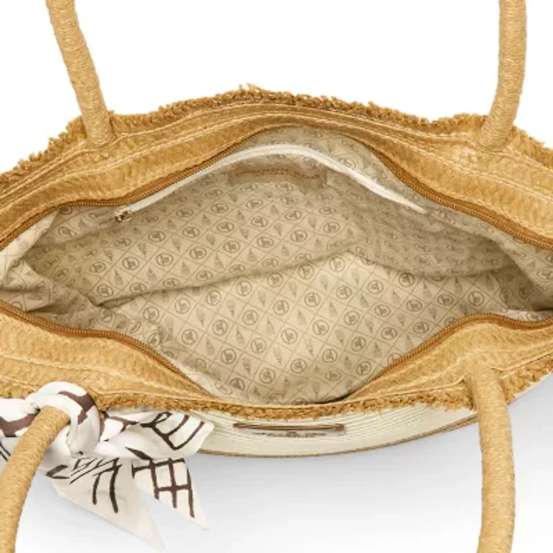 London Fog Top Ruffel Straw Tote Bag