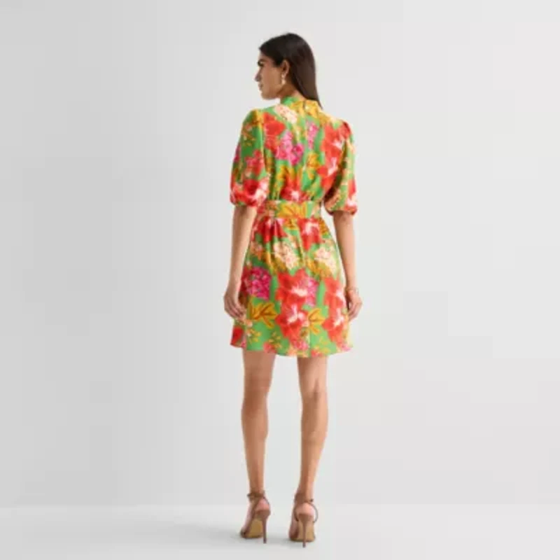 Willow Glenn Womens Midi V Neck Elbow Sleeve Puffed Floral Fit + Flare Dress