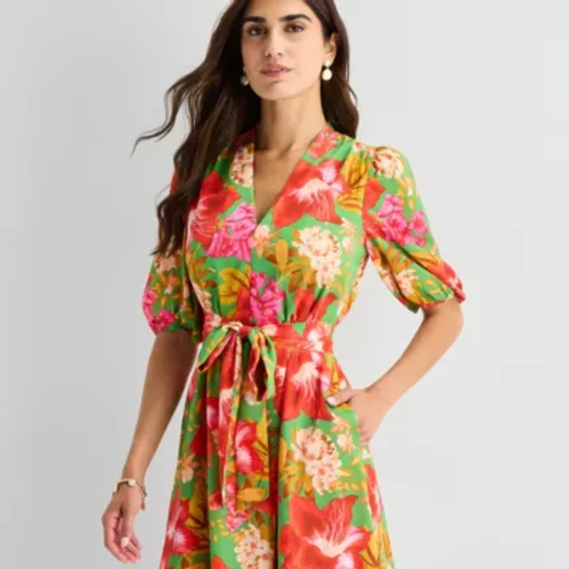 Willow Glenn Womens Midi V Neck Elbow Sleeve Puffed Floral Fit + Flare Dress