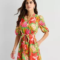 Willow Glenn Womens Midi V Neck Elbow Sleeve Puffed Floral Fit + Flare Dress