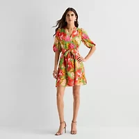 Willow Glenn Womens Midi V Neck Elbow Sleeve Puffed Floral Fit + Flare Dress