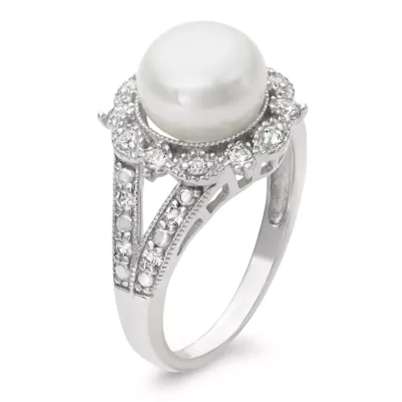 Cultured Freshwater Pearl & Lab-Created White Sapphire Sterling Silver Ring