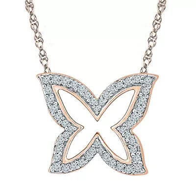 Womens 1/ CT. T.W. Natural White Diamond 10K Gold Butterfly 18 Inch Pendant Necklace