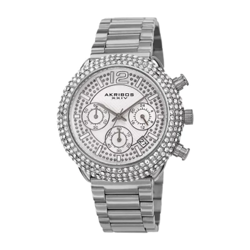 Akribos XXIV Mens Chronograph Crystal Accent Silver Tone Stainless Steel Bracelet Watch A-1075ss