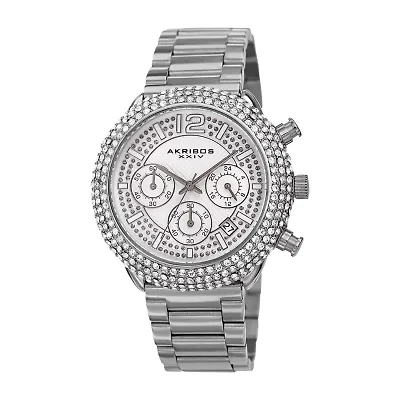 Akribos XXIV Mens Chronograph Crystal Accent Silver Tone Stainless Steel Bracelet Watch A-1075ss